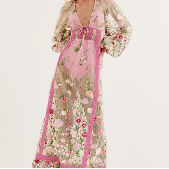 πΈ STUNNING For Love And Lemons π Pink Sheer Floral Maxi (worn less than 2 hours) - Picture 3 of 11